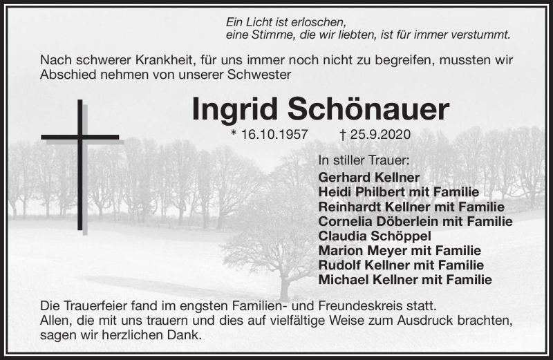  Traueranzeige für Ingrid Schönauer vom 17.10.2020 aus Nordbayerischer Kurier