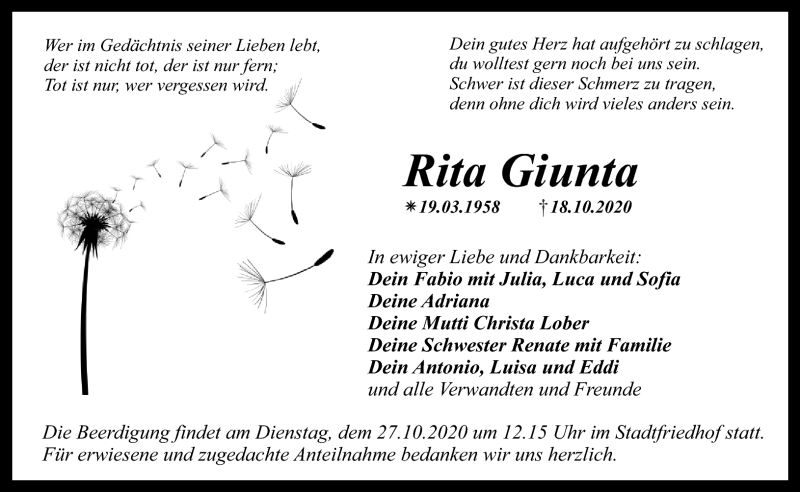  Traueranzeige für Rita Giunta vom 24.10.2020 aus Nordbayerischer Kurier