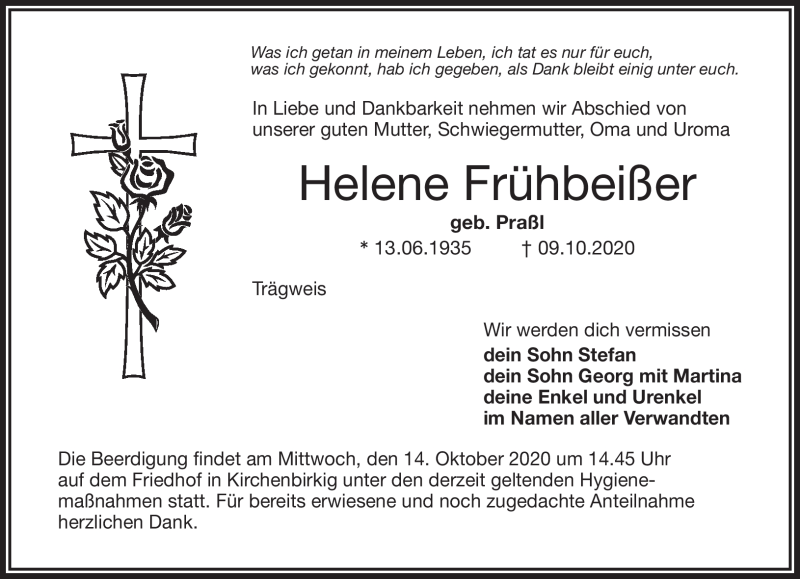  Traueranzeige für Helene Frühbeißer vom 12.10.2020 aus Nordbayerischer Kurier