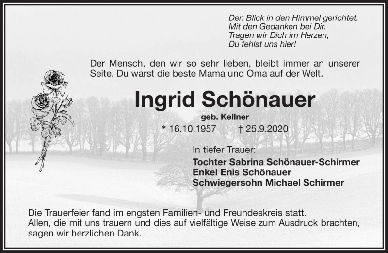  Traueranzeige für Ingrid Schönauer vom 17.10.2020 aus Nordbayerischer Kurier