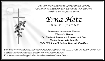 Anzeige von Erna Hetz von Nordbayerischer Kurier