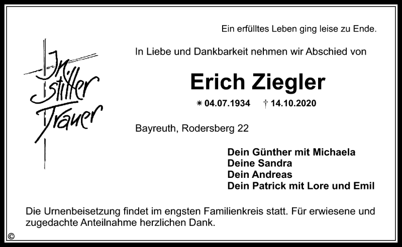  Traueranzeige für Erich Ziegler vom 24.10.2020 aus Nordbayerischer Kurier