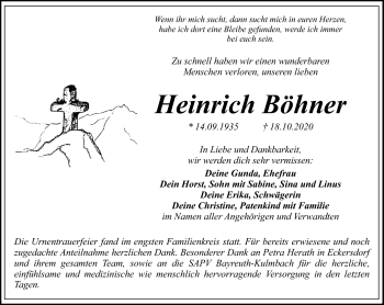 Anzeige von Heinrich Böhner von Nordbayerischer Kurier