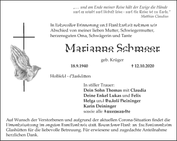 Anzeige von Marianne Schmeer von Nordbayerischer Kurier