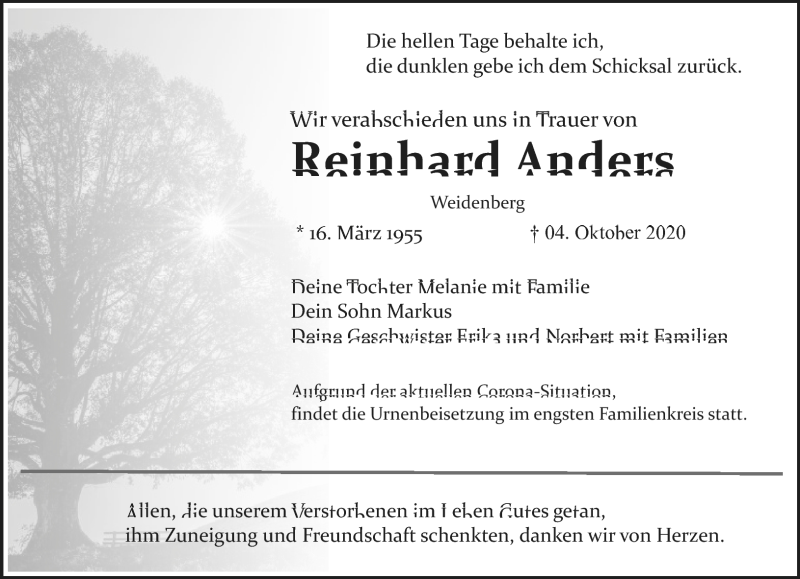  Traueranzeige für Reinhard Anders vom 10.10.2020 aus Nordbayerischer Kurier