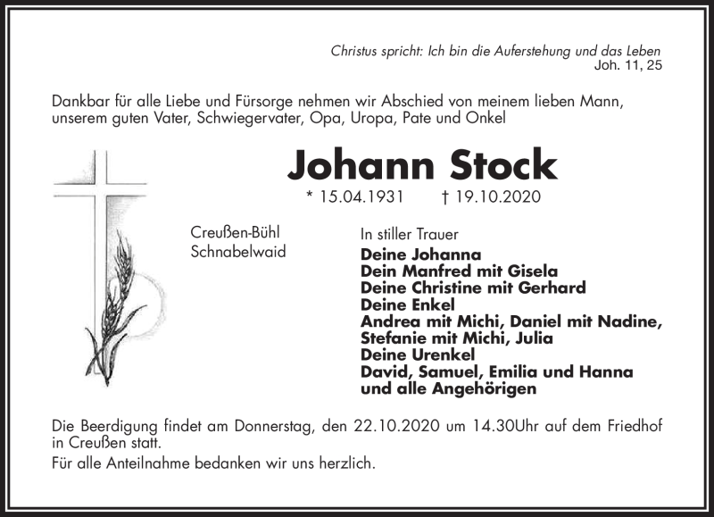  Traueranzeige für Johann Stock vom 21.10.2020 aus Nordbayerischer Kurier