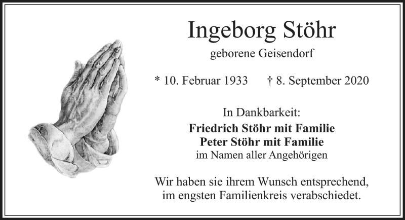  Traueranzeige für Ingeborg Stöhr vom 31.10.2020 aus Nordbayerischer Kurier
