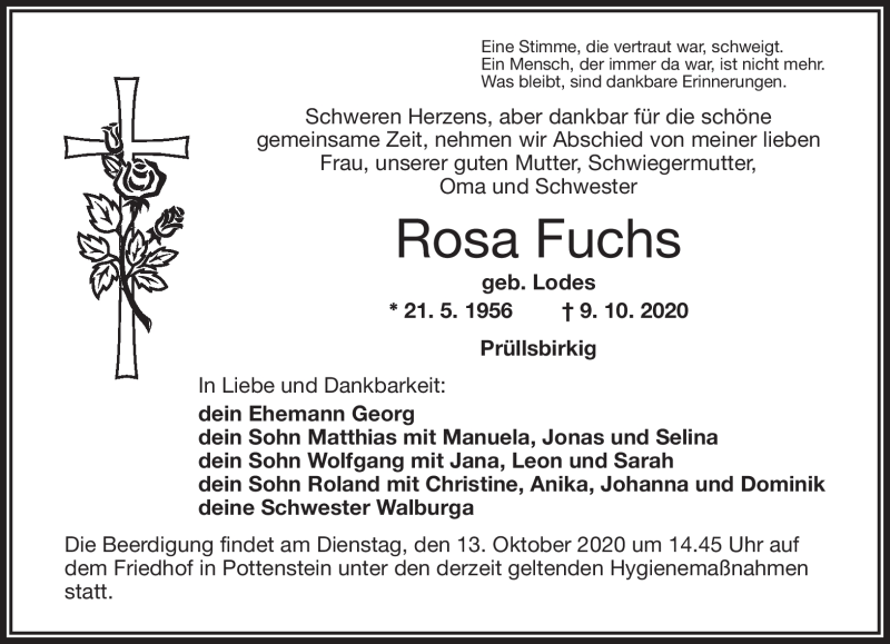  Traueranzeige für Rosa Fuchs vom 10.10.2020 aus Nordbayerischer Kurier