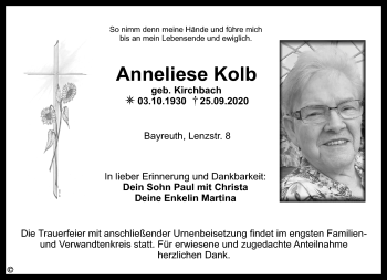 Anzeige von Anneliese Kolb von Nordbayerischer Kurier