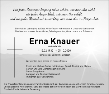 Anzeige von Erna Knauer von Nordbayerischer Kurier