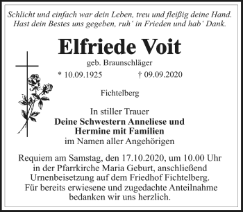 Anzeige von Elfriede Voit von Nordbayerischer Kurier