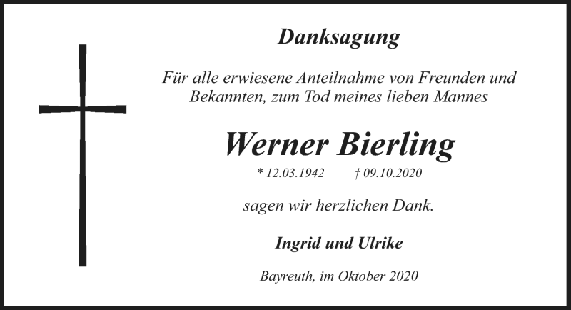  Traueranzeige für Werner Bierling vom 17.10.2020 aus Nordbayerischer Kurier