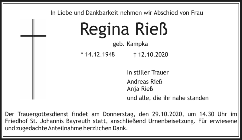  Traueranzeige für Regina Rieß vom 24.10.2020 aus Nordbayerischer Kurier