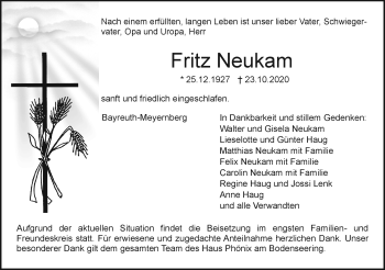 Anzeige von Fritz Neukam von Nordbayerischer Kurier