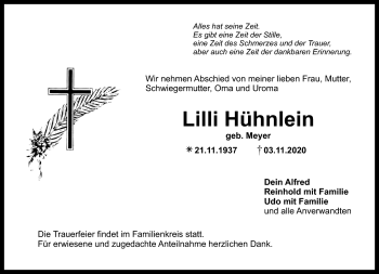 Anzeige von Lilli Hühnlein von Nordbayerischer Kurier