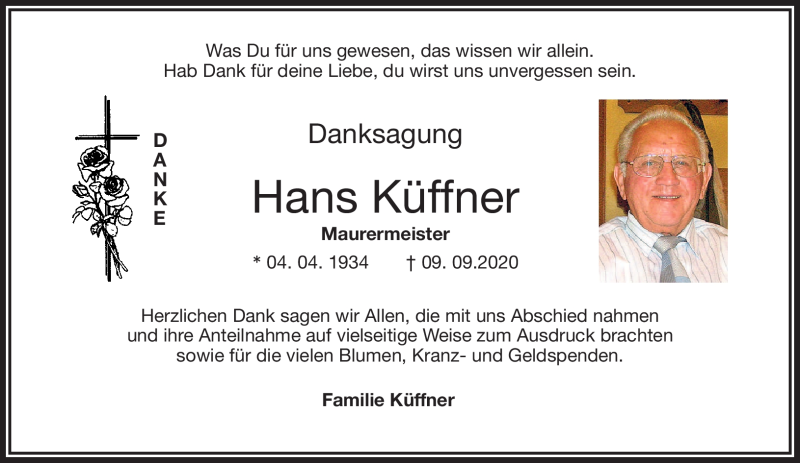  Traueranzeige für Hans Küffner vom 21.11.2020 aus Nordbayerischer Kurier