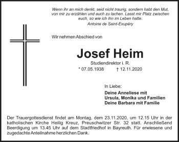 Anzeige von Josef Heim von Nordbayerischer Kurier
