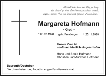 Anzeige von margareta Hofmann von Nordbayerischer Kurier