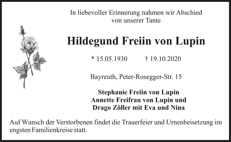  Traueranzeige für Hildegund Freiin von Lupin vom 03.11.2020 aus Nordbayerischer Kurier