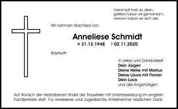Anzeige von Anneliese Schmidt von Nordbayerischer Kurier