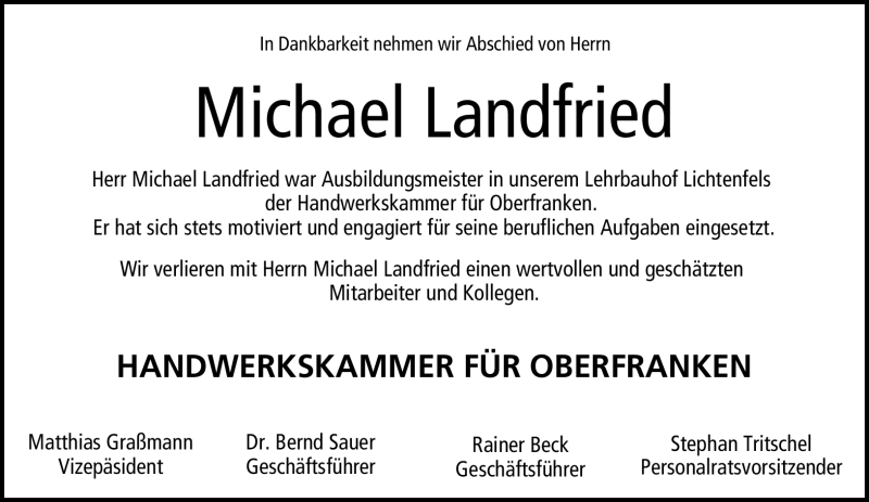  Traueranzeige für Michael Landfried vom 21.11.2020 aus Nordbayerischer Kurier