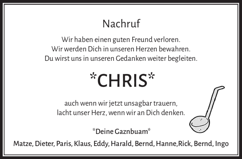 Traueranzeige für Chris  vom 14.11.2020 aus Nordbayerischer Kurier