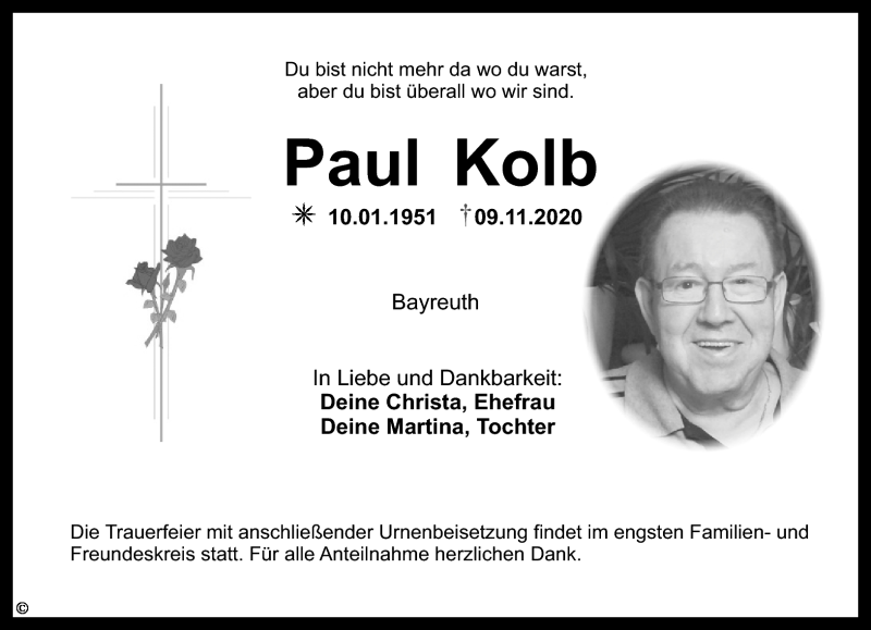  Traueranzeige für Paul Kolb vom 21.11.2020 aus Nordbayerischer Kurier