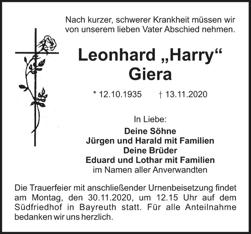  Traueranzeige für Leonhard Giera vom 27.11.2020 aus Nordbayerischer Kurier
