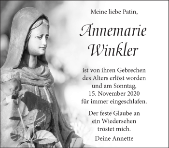 Anzeige von Annemarie Winkler von Nordbayerischer Kurier