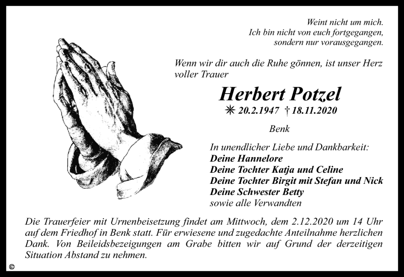  Traueranzeige für Herbert Potzel vom 28.11.2020 aus Nordbayerischer Kurier