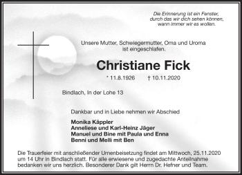 Anzeige von Fick Christiane von Nordbayerischer Kurier