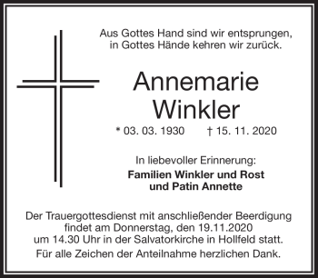 Anzeige von Annemarie Winkler von Nordbayerischer Kurier