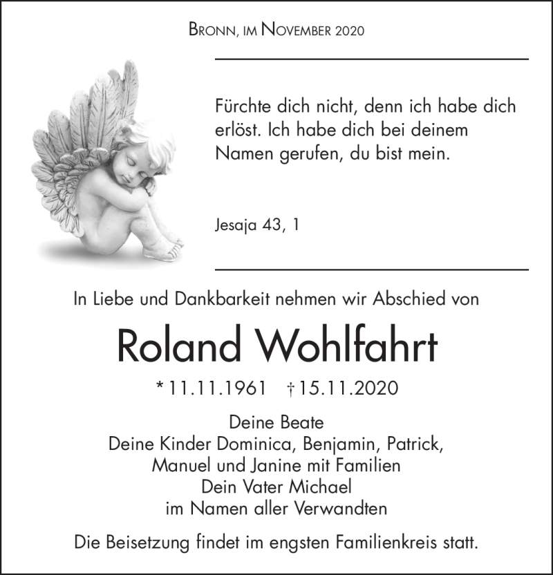  Traueranzeige für Roland Wohlfahrt vom 17.11.2020 aus Nordbayerischer Kurier