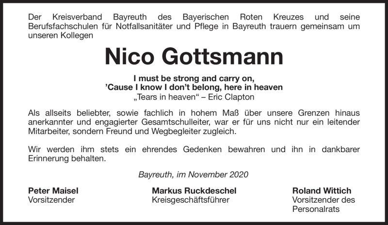  Traueranzeige für Nico Gottsmann vom 28.11.2020 aus Nordbayerischer Kurier