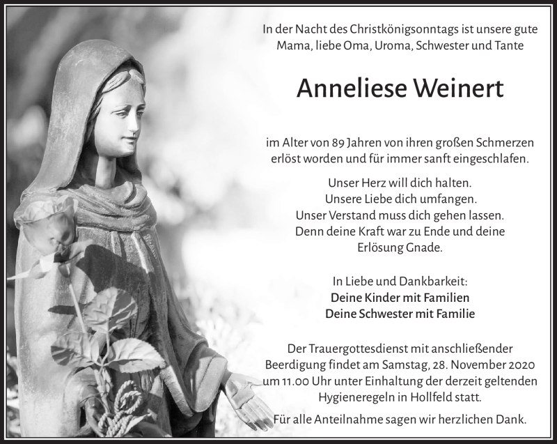  Traueranzeige für Anneliese Weinert vom 27.11.2020 aus Nordbayerischer Kurier