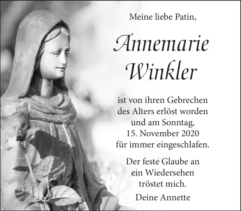  Traueranzeige für Annemarie Winkler vom 18.11.2020 aus Nordbayerischer Kurier