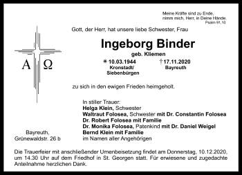 Anzeige von Ingeborg Binder von Nordbayerischer Kurier