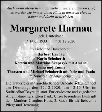 Anzeige von Margarete Harnau von Nordbayerischer Kurier