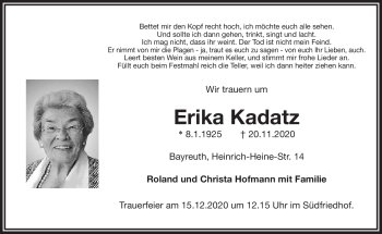 Anzeige von Kadatz Erika von Nordbayerischer Kurier