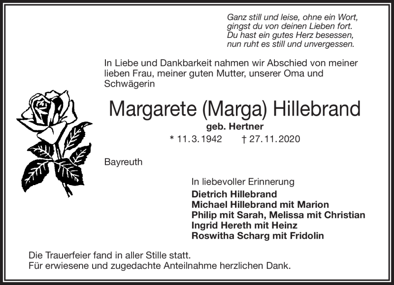  Traueranzeige für Margarete Hillebrand vom 05.12.2020 aus Nordbayerischer Kurier