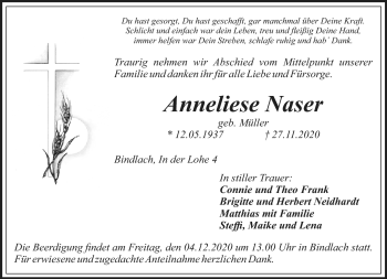 Anzeige von Anneliese Naser von Nordbayerischer Kurier