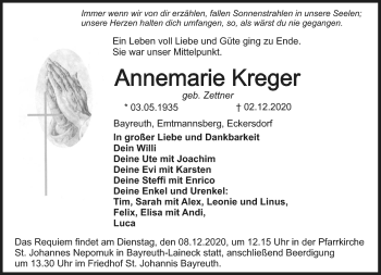 Anzeige von Annemarie Kreger von Nordbayerischer Kurier