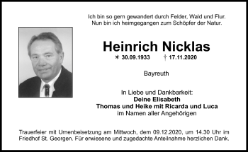 Anzeige von Heinrich Nicklas von Nordbayerischer Kurier