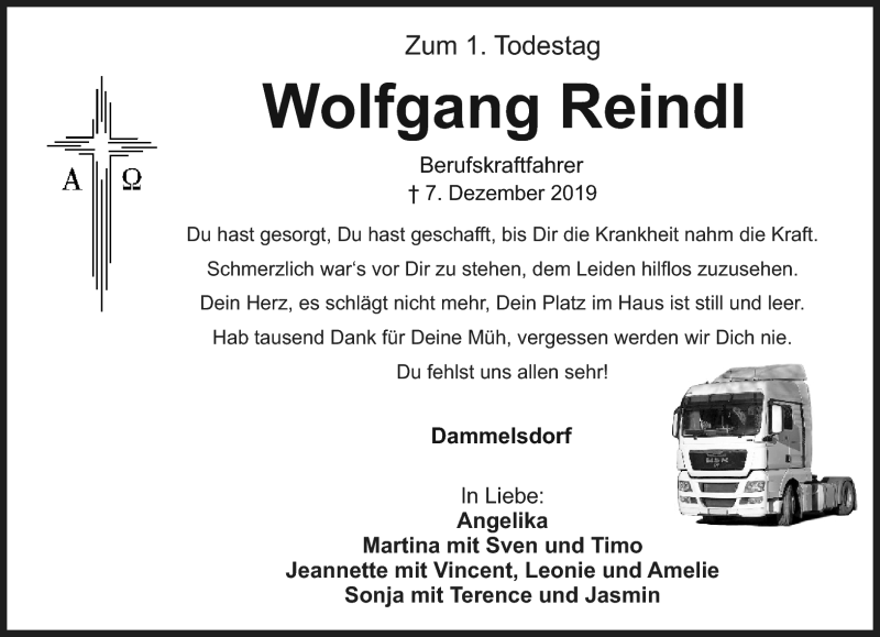  Traueranzeige für Wolfgang Reindl vom 07.12.2020 aus Nordbayerischer Kurier