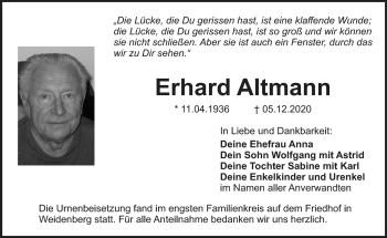 Anzeige von Erhard Altmann von Nordbayerischer Kurier