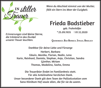 Anzeige von Frieda Badstieber von Nordbayerischer Kurier