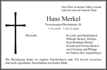 Anzeige von Hans Merkel von Nordbayerischer Kurier