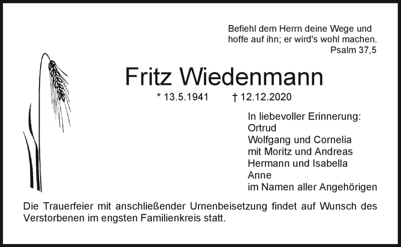  Traueranzeige für Fritz Weidemann vom 22.12.2020 aus Nordbayerischer Kurier