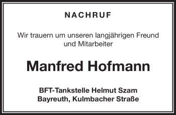 Anzeige von Manfred Hofmann von Nordbayerischer Kurier