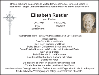Anzeige von Elisabeth Rustler von Nordbayerischer Kurier